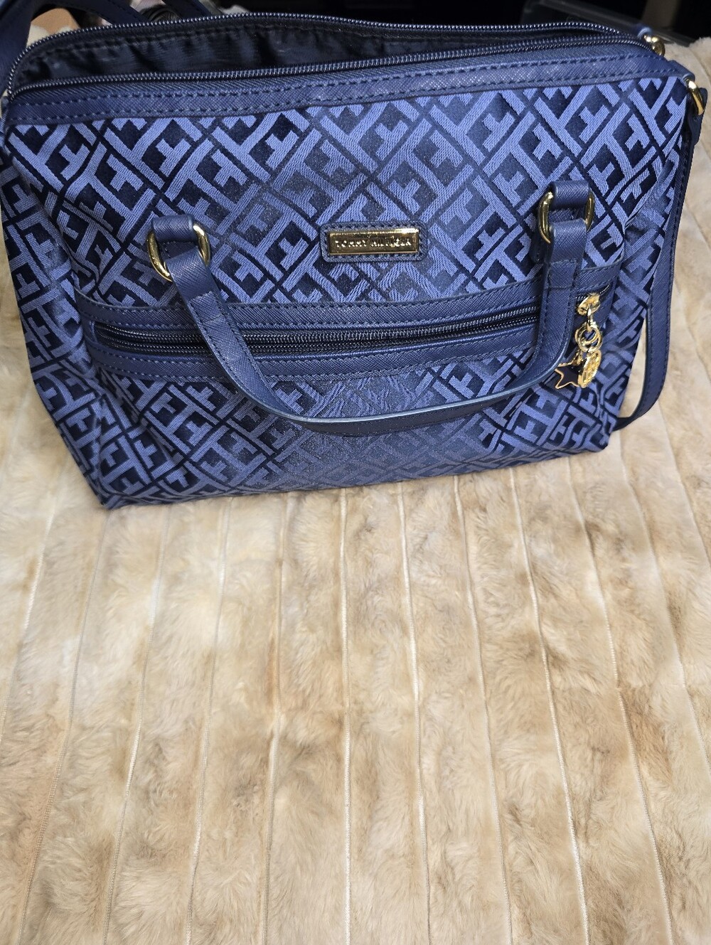 Tommy Hilfiger Navy Jacquard Tote with Gold Hardware